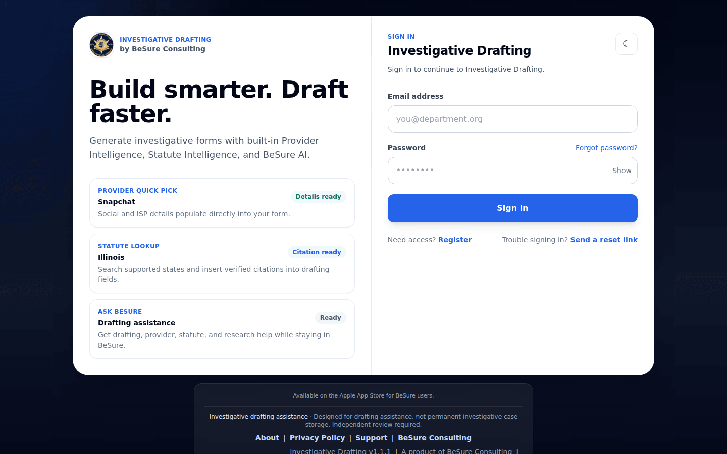 Investigative Drafting by BeSure Consulting interface